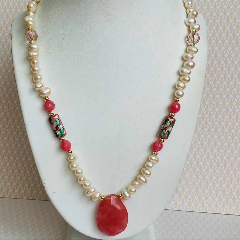 Artisan Freshwater Pearl & Pink Stone Cloisonné Necklace